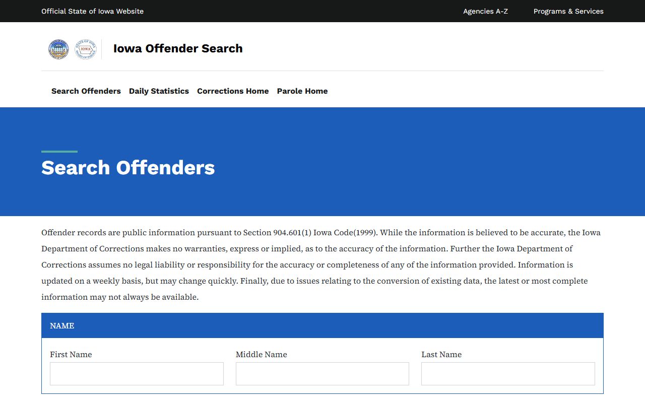Iowa DOC offender search for Palo Alto County inmate population records